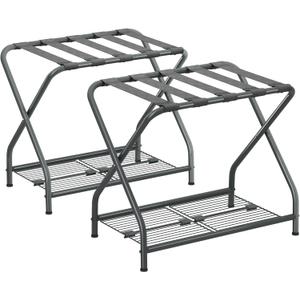 Luggage Rack, Set of 2, Suitcase Stand with Storage Shelf, Foldable Metal Luggage Holder for Guest Room, Bedroom, Hotel LR-GY-2 (Gray)