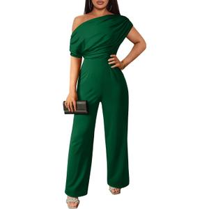 YMDUCH Women's Casual Sleeveless Off Shoulder Wide Leg Long Pant Jumpsuits (Large, Green)