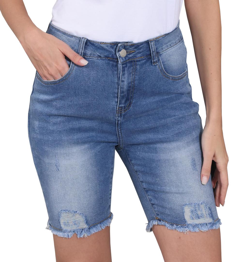 Fuwenni Womens Casual Denim Shorts Bermuda Stretchy Trendy Distressed Frayed Raw Hem Jean Shorts Denim Blue M