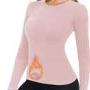 Thermal Underwear Tops for Women Long Sleeve Crewneck Shirts - Fleece Lined Soft Stretch Fitted Baselayer for Winter (Pink)