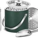Ice Bucket, Ice Bucket with Silicone Sealing Ring Double-Wall Vacuum Insulation Champagne Buckets with Filter Layer Ice Tongs Ice Scoop (Grey Green, 3 L)
