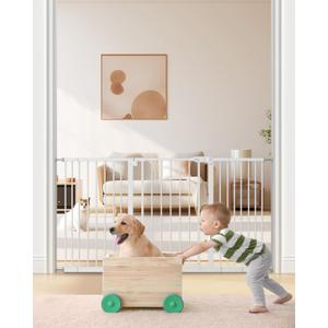 keny 29"-55" Extra Wide Baby Gate, Pressure Mounted No Drilling Dog Gate
for Stairs Doorways, Easy Walk Through Safety Gate for Babies or Pets, 30" Tall, White