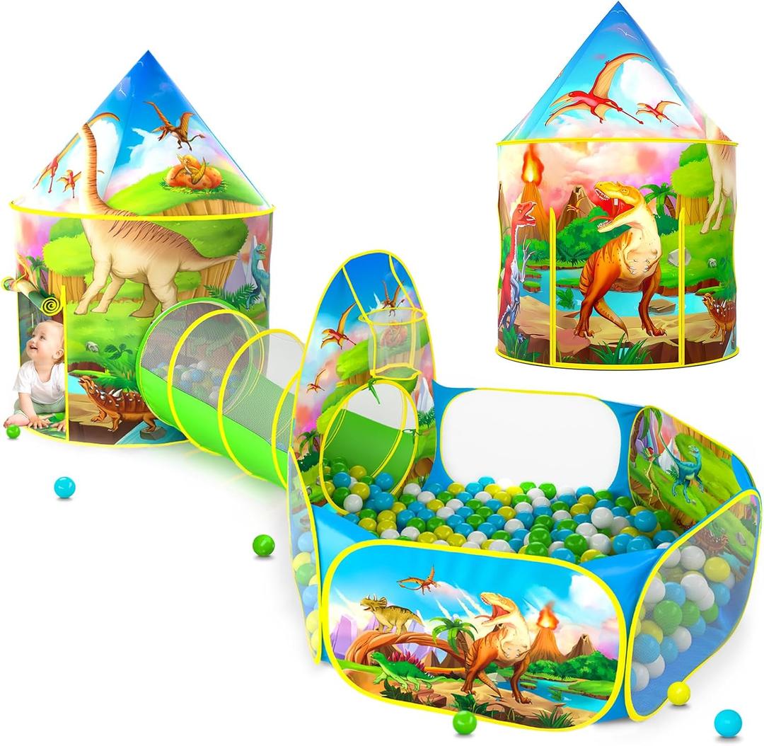 PigPigPen 3pc Dinosaur Play Tent for Kids, Baby Ball Pit, Crawl Tunnel, Castle Tents for Toddlers, Children Indoor & Outdoor Playhouse Toys, Perfect Kids Gifts (118 inches x 47 inches x 51 inches)