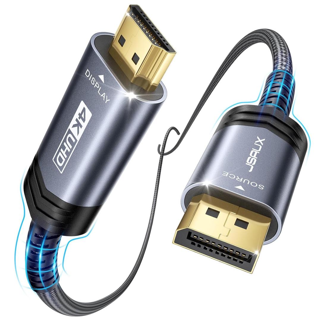 JSAUX DisplayPort to HDMI Cable 10FT, Uni Directional, DP Source to HDMI Display, UHD 1440P/2K@60Hz, 4K@30Hz, Nylon Cord for Desktops, Graphics Cards, and Laptops with Native DisplayPort Output (Grey)