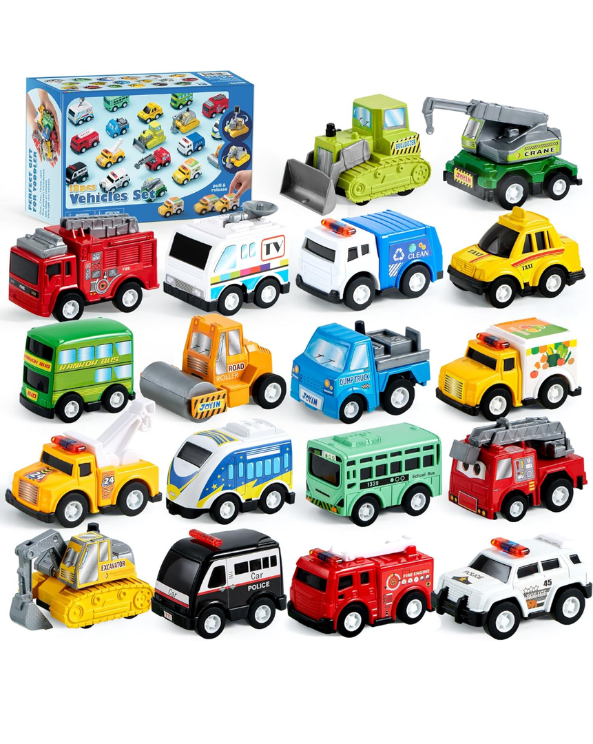 JOYIN 18 Pcs Pull Back City Cars and Trucks Toy Vehicles Set, Friction Powered Cars Toys for Toddlers, Boys, Girls’ Educational Play, Kids Stocking Stuffers, Easter Basket Stuffers