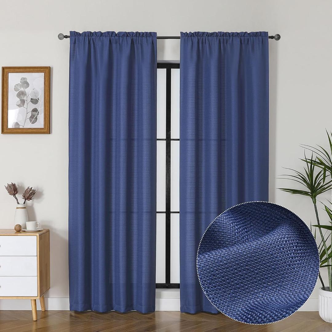 Lecloud Bessie Blue Curtains 84 Inches Long 2 Panels, Light Filtering Faux Linen Textured Window Curtains with Dual Rod Pocket for Dining Room/Bedroom/Living Room Window Treatments, Each 40 W x 84 L