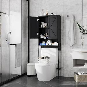 Over The Toilet Storage Cabinet with 2-Door Design Bathroom Organizers and Storage with Anti-Tip Device Over Toilet Organizer with Shelves for Bathroom,Restroom,Laundry Black