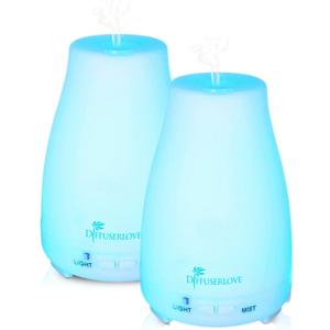 Diffuserlove 2 Pack 200ml Essential Oil Diffuser Ultrasonic Aromatherapy Diffuser Cool Mist Humidifiers with 7 Color LED Lights & Waterless Auto Shut-Off for Home Office Kitchen Bedroom (White)