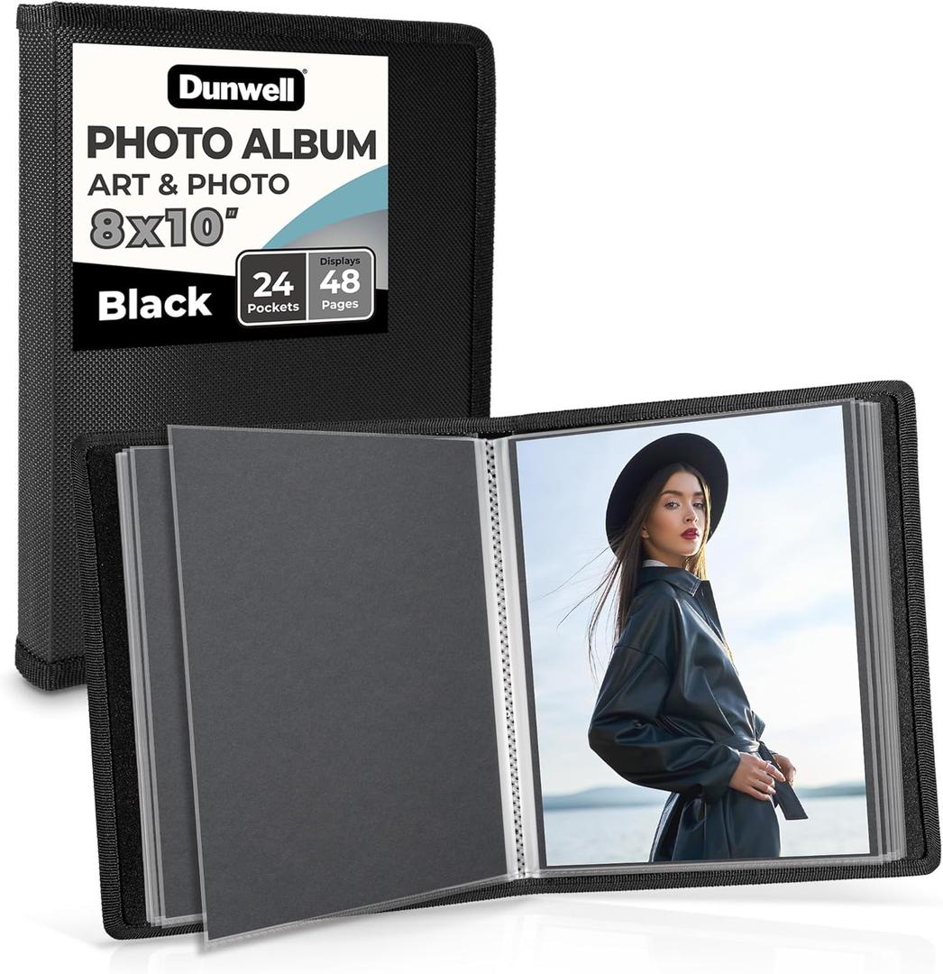 Dunwell Photo Album 8x10 (Black) with Mounting Paper, 8 x 10 Photo & Art Portfolio Presentation Binder, 24 Clear Sleeves Display 48 Pages, Professional Photography Book for Portraits, Artwork