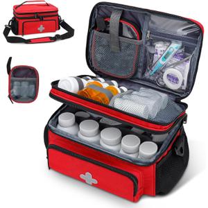 Medicine Storage Bag, Pill Bottle Organizer for Emergency, Medicine Box Empty with Small Portable Pouch, First Aid Box for Travel and Home Storage (Red)