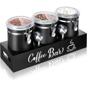 Domensi 3 x 66 oz Airtight Coffee Canisters with Shelf, Coffee Bean Storage Container 304 Stainless Steel Coffee Bean Storage with Airtight Locking Clamp and Scoop, Kitchen Food Storage Jar(Black)