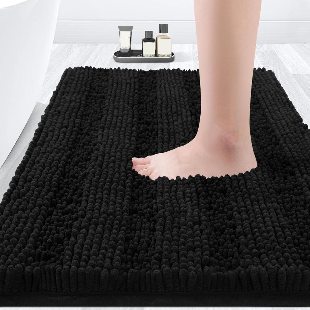 ACCUMTEK Striped Black Bathroom Rug Mat 32"x20" Ultra Soft, Non Slip Chenille Bath Rugs, Absorbent Plush Shaggy Bath Mats for Bathroom, Bedroom, Kitchen, Shower, Tub (1'8" x 2'8" (Rectangular))