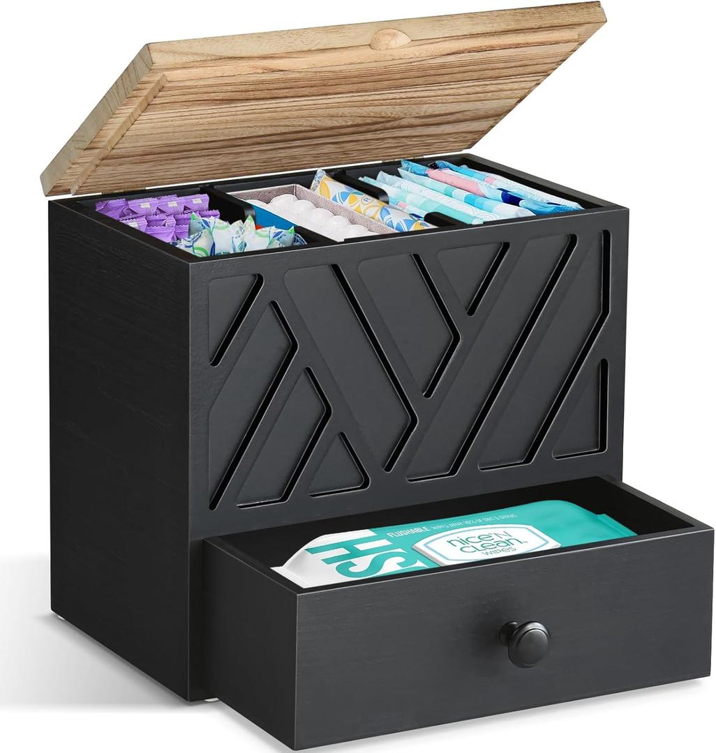 Tampon Holder for Bathroom Decor, Feminine Product Organizer with Lid and Drawer, Shark Week Tampon Storage, Wood Pad and Tampons Organizer for Toilet Storage, Bathroom Accessories Box for Girl Stuff (Black), 8.6"L x 5.8"W x 6.2"H