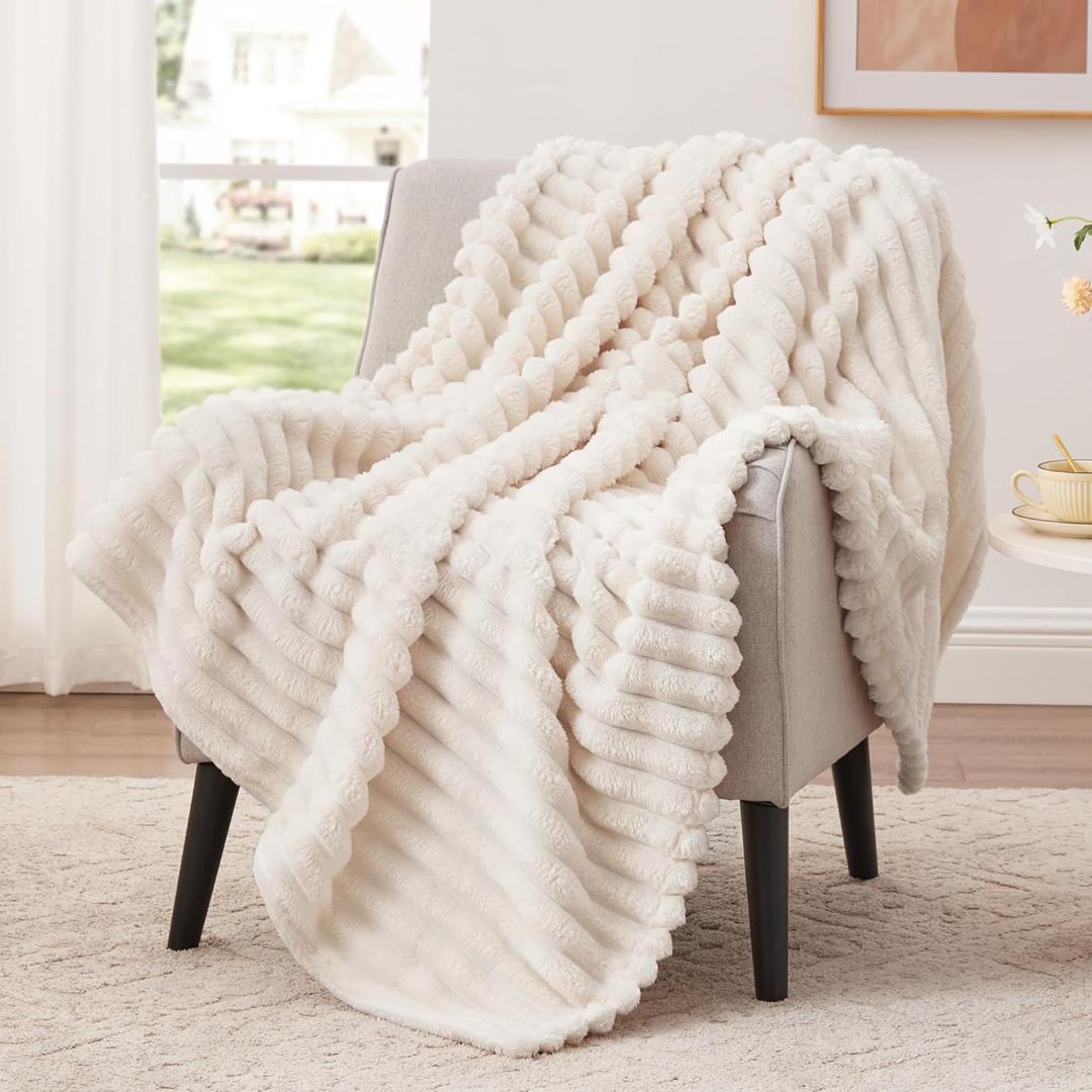 EXQ Home Fleece Throw Blanket for Couch or Bed - 3D Stripe Jacquard Decorative Blankets - Cozy Soft Lightweight Fuzzy Flannel Blanket Suitable for All Seasons (50"60",Beige)
