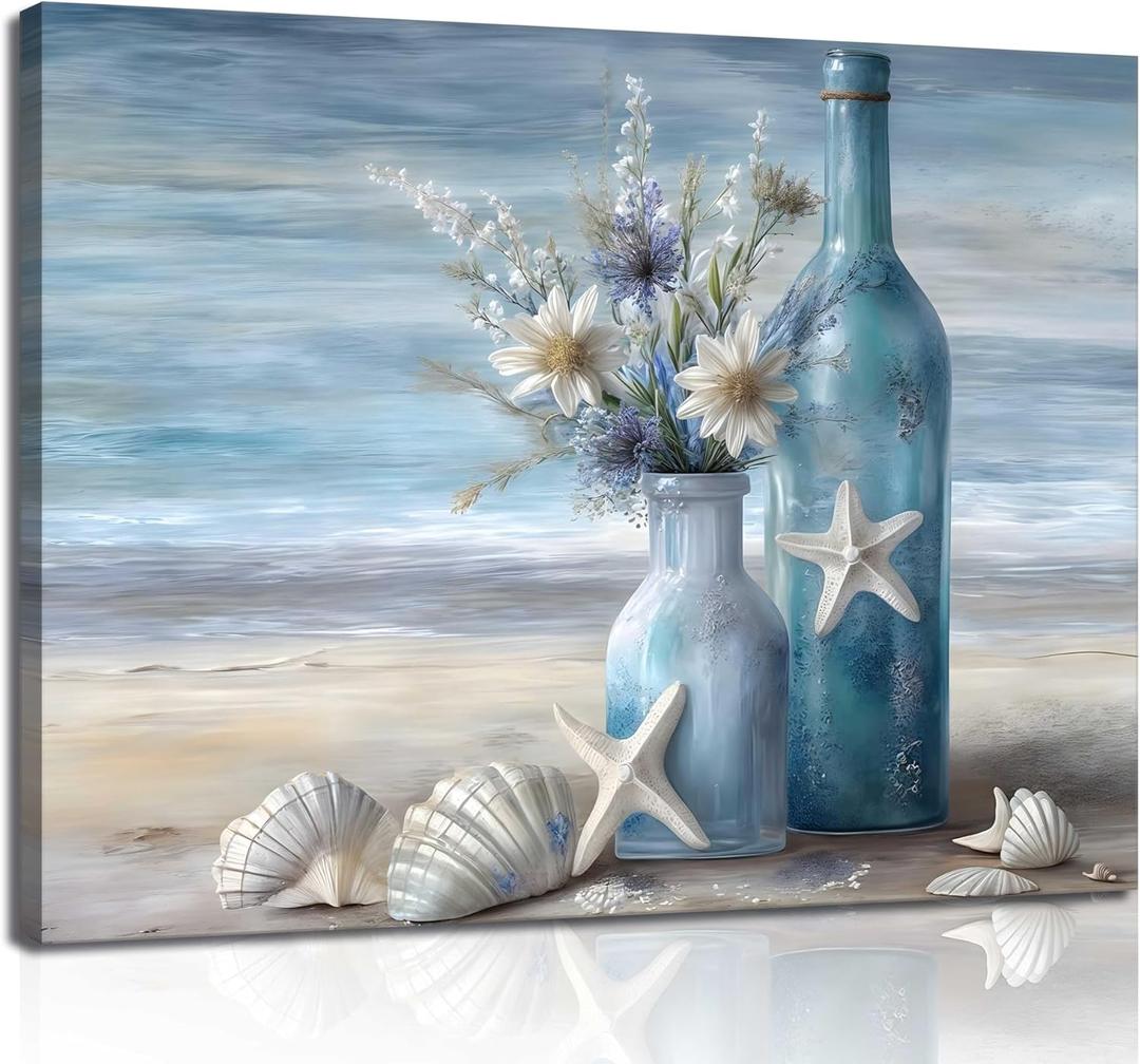 Blue Beach Ocean Flower Canva Wall Art Coastal Seascape Floral Vase Poster Picture Starfish Conch Theme Painting Rustic Shell Print for Bedroom Bathroom Living Room Office Wall Decor Framed (16"L x 24"W)