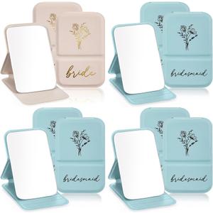 8 x Novabright 8 Pack Bridesmaid Proposal Compact Mirrors, Floral Engraved Folding Makeup Pocket Mirror Set for Women, Bridal Shower Bachelorette Party Wedding Favors Gifts(Blue, White)