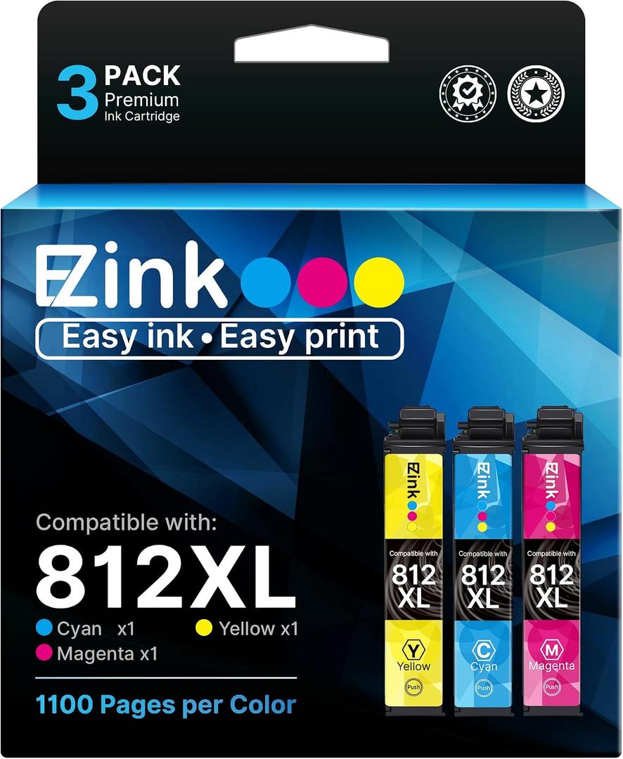 E-Z Ink 812XL New Upgraded Chips High Yield 812XL Ink Cartridges Remanufactured Replacement for Epson 812 XL T812XL Ink Cartridge to use with WF-7310 WF-7820 Pro WF-7840 EC-C7000 Printer, CYM 3 Pack
