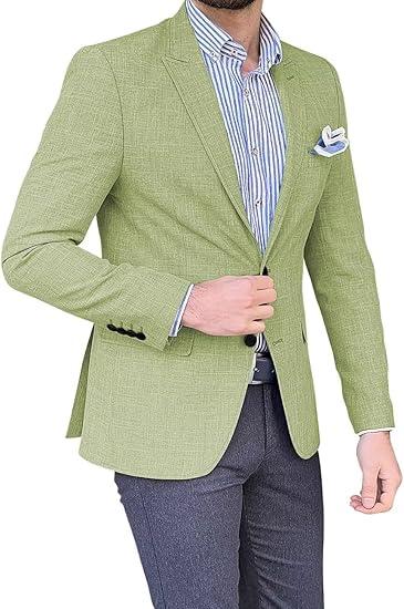 Mens Linen Suit Jackets Casual Two Button Slim Fit Blazers Suit Sport Coats for Wedding Prom Party, Size L