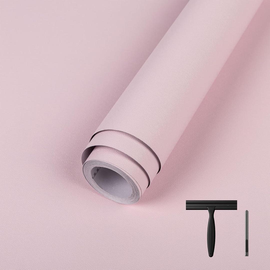 Abyssaly Pink Wallpaper Peel and Stick Contact Paper for Cabinets and Drawers Removable Self Adhesive Thicken Pink Wall Covering for Bedroom with Scraper, Paper Cutter 17.7" X 393.7"