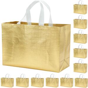 12 PCS 15.5x4.7x11 Inches Gold Extra Large Reusable Gift Bags With Handles - XL Goodie, Birthday, Party Favor Bags