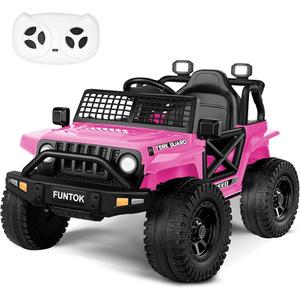 FUNTOK 12V 7AH Ride On Truck, Electric Car for Toddlers 1-3 w/Remote Control, LED Lights, 3 Speeds, Spring Suspension, Soft Start, Bluetooth Speaker, Music Player, Gifts for Boys and Girls (Pink)