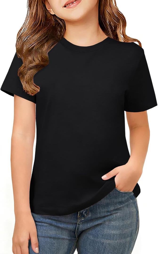 ZDC Girls Short Sleeve Shirts Crewneck T Shirts Kids Summer Tops Basic Tees 5-14 Years (Black)