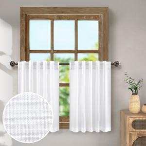 Pitalk Kitchen Curtains 36 inch Long for Small Window Curtains Linen Sheer Short Drapes for Bedroom, Half Window Tiers for Kids Room Bathroom Nursery, W 42 x L 36 in per Panel, 2 Pcs, Back Tab, White