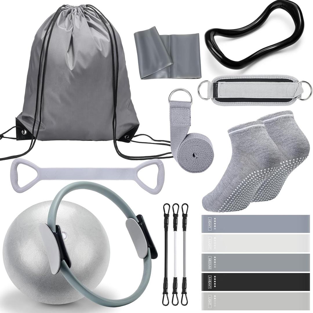 RoundFunny Pilates Ring Circle Set 18 Pcs Exercise Equipment Accessories for Women Workouts Pilates Ball Stretching Strap Magic Circle Yoga Ring Gym Back Bag Resistance Band Anti Slip Socks (Grey)