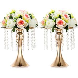 Nuptio 2 Pcs Crystal Flower Stand Wedding Centerpieces for Tables, 10.2in/26cm Height Flower Holders Centerpiece Metal Flower Vase for Wedding Party Reception Dining Room Living Room Decor (Gold)