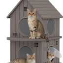 Outdoor Cat House Weatherproof, Durable Resin Cat Houses for Outdoor Indoor Cats, Litter Box Enclosure with Elevated Base, Anti-Slip Pad, Ventilation, Double-Story, Coffee Brown