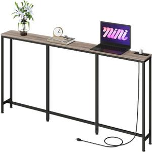 62.99" Narrow Console Table with Power Outlet 7.1" Skinny Sofa Table, Long Behind Couch with Charging Station for Hallway, Living Room Greige and Black TXG16UBG