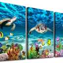 AHUASJART Canvas Wall Art for Living Room family Wall decor for Bedroom Bathroom Wall Decoration blue Ocean Sea Turtle Paintings Modern shark Pictures Artwork office Ready to Hang 12" x 16" 3 Piece