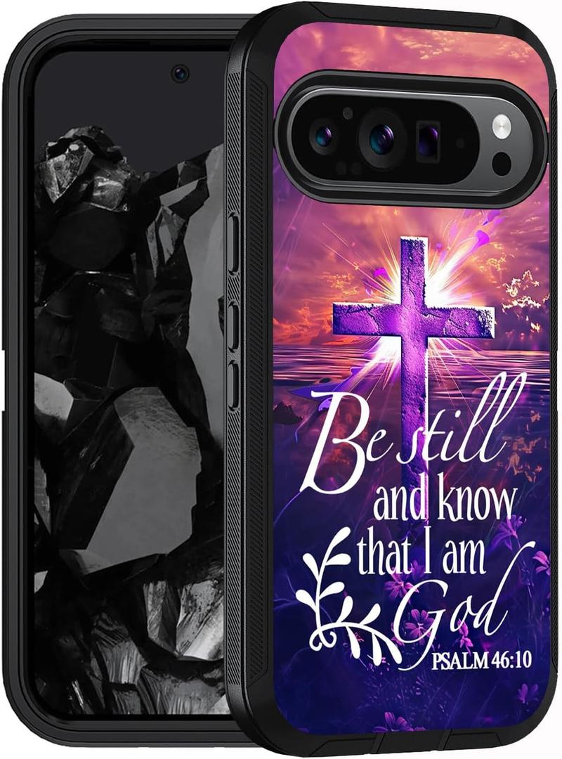 Designed Case for Google Pixel 10 Pro XL/Google Pixel 9 Pro XL, Military Grade Heavy Duty 3-Layer Shockproof Drop Full-Body Protective Phone Cover, Cross Quote Bible Verse, Psalm 46:10