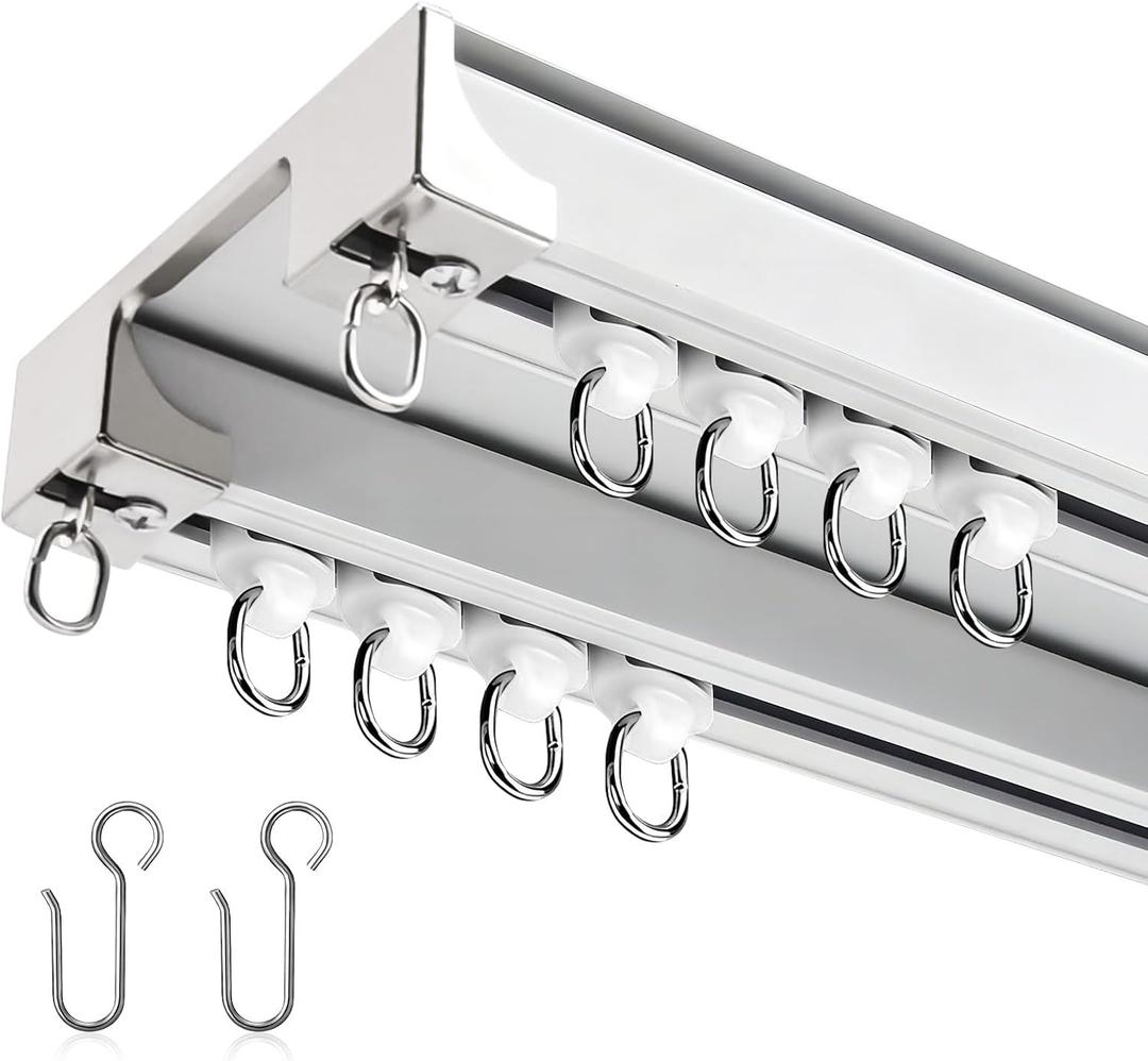 Silent Double Curtain Track Ceiling Mount White Track Curtain Rail Set Heavy Duty Room Divider with Hooks Bedroom Living Room Study Ceiling Curtain Track (15ft)