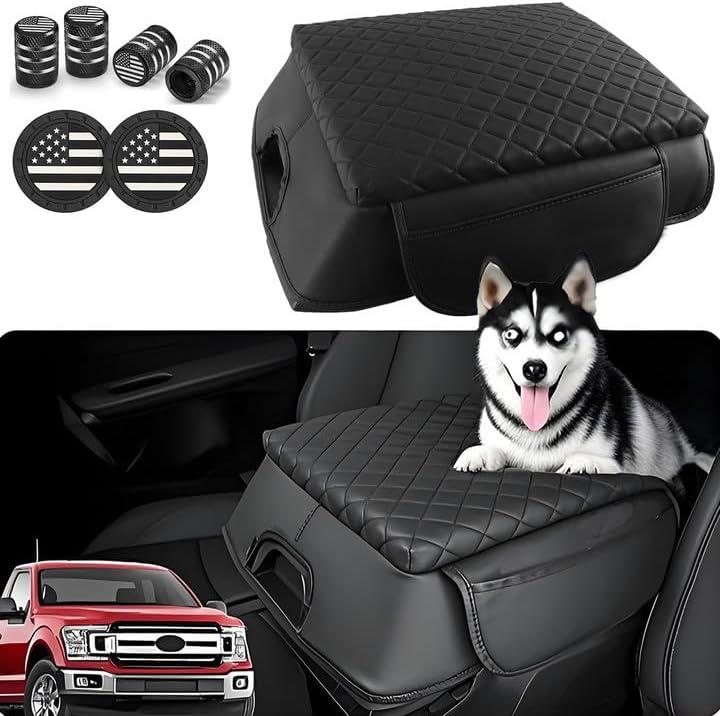 Center Console Cover for Ford F150 2015-2020, Bucket Seat Central Armrest Box Cushion PU Leather Anti-Scratch Protector