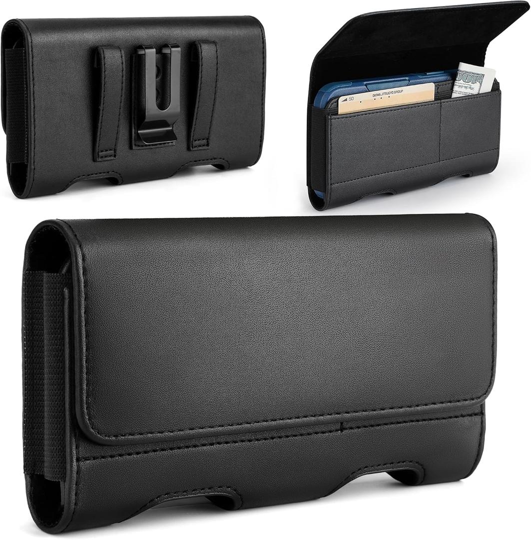 Mopaclle Phone Holster for iPhone 16 Pro 15 Pro 15 14 Pro 14 13 Pro 12 12 Pro,XR,Galaxy S24 S23 S22 S21 S20, Cell Phone Belt Holder with Belt Clip -Built in Card Holder (Fits Thin Commuter Case on) (M (6 x3.2x 0.6 in), Leather- Black)