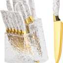 Kitchen Knife Set Non Stick Knives with Block, Serrated Steak Knife, Chef Knife, Bread Knife, Scissors, Sharpener, 14Pcs Stainless Steel Ultra-Sharp Cutlery Block Sets with Titanium Coated Blade (White)