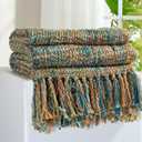 Multi-Color Gold Green Cable Woven Throw Blanket for Couch,60"X80" Boho Style Textured Blankets for Home Decor,Super Soft Warm Cozy Chunky Blanket with Decorative Tassels for Bed