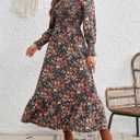 LIGHT DOT Women's Square Neck Casual Floral Dress Long Sleeve Printed Maxi Fall Dress Smocked Flowy (Orange Green,S)