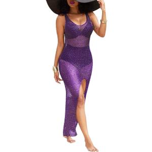 Sexy Swimwear Cover Ups for Women Summer Vacation Scoop Neck Crochet Bikini Swimsuit Split Bathing Suit (Purple, XL)