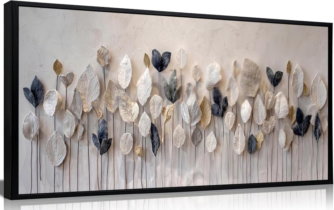 Large Framed Modern Boho Wall Art Textured Neutral Leaf Canvas Wall Decor Abstract Botanical Canvas Print, Modern abstraction Nature Art Picture for Office Living Room Bedroom or Halls 24X48in