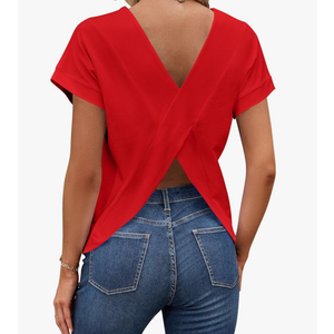 LilyCoco Women's Short Batwing Sleeve Shirt Criss Cross Back Tops Casual Loose Plain Tee, Medium