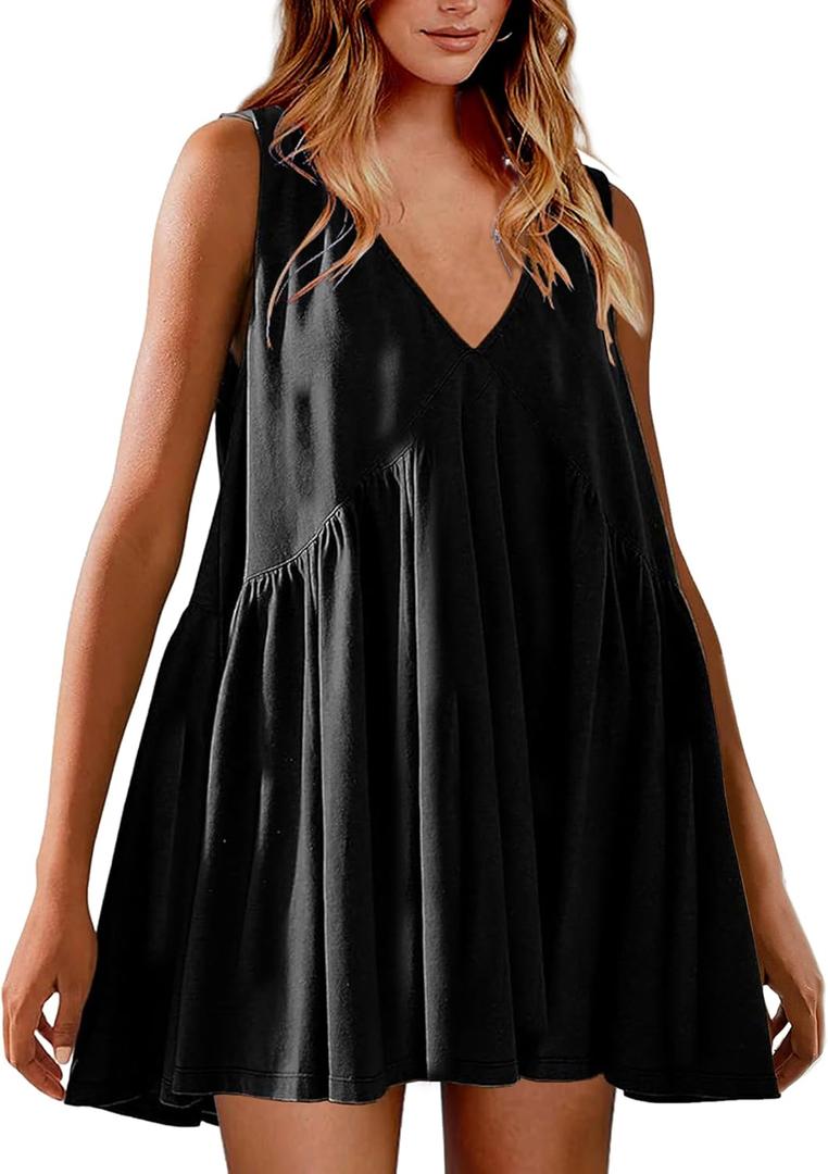 Womens Babydoll Dress Summer Sleeveless Mini Dress Casual Loose V Neck Swing Flowy Beach Sundresses with Pockets (Large, Black)