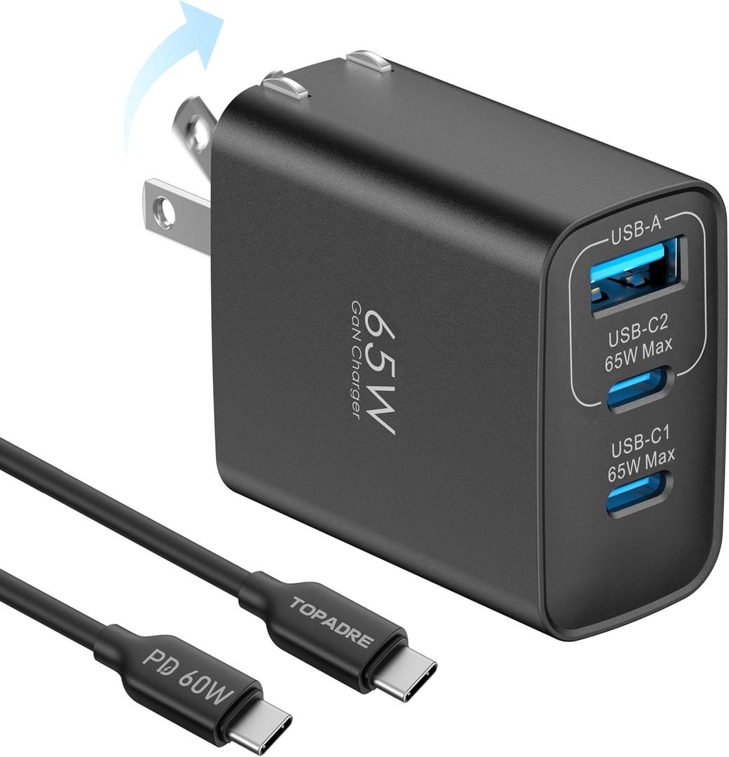 65W USB C Charger Block, 3 Ports GaN Wall Charger Foldable Compact Type C Charger Fast Charging for MacBook Pro/Air, iPad Pro/Air, iPhone 15/15 Pro/15 Pro Max, for Samsung Galaxy S24/S23, White