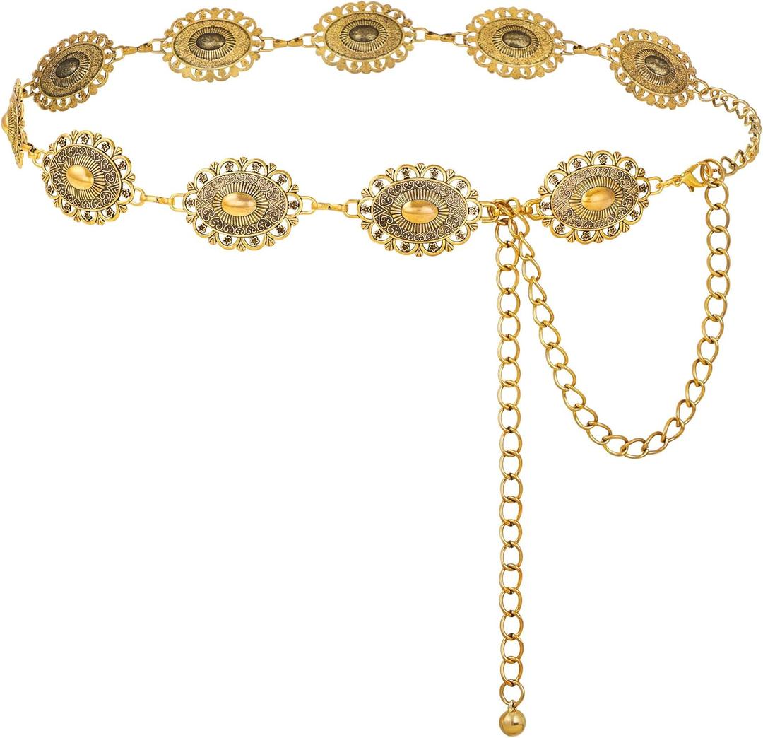 FIORETTO Metal Waist Chain Link Belt for Women Western Cowgirl Boho Turquoise Belts for Dress Jeans Country Concert Outfit (Gold-24)
