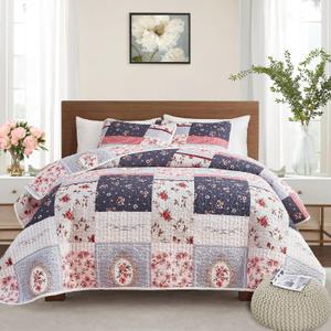 Patchwork Quilt Set Full/Queen Size, 3 Pieces Pink Purple Floral Plaid Summer Bedspread Coverlet Set, Soft Microfiber Lightweight Bed Cover for All Season (90" x 90", 1 Quilt)