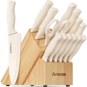 Astercook Knife Set, 15 Pieces Kitchen Knife Set with Sharpener Block, German Stainless Steel Knives Set with Anti-Rust Coating, Dishwasher Safe Elegant Cream White Knife Block Sets, Mothers Day Gifts