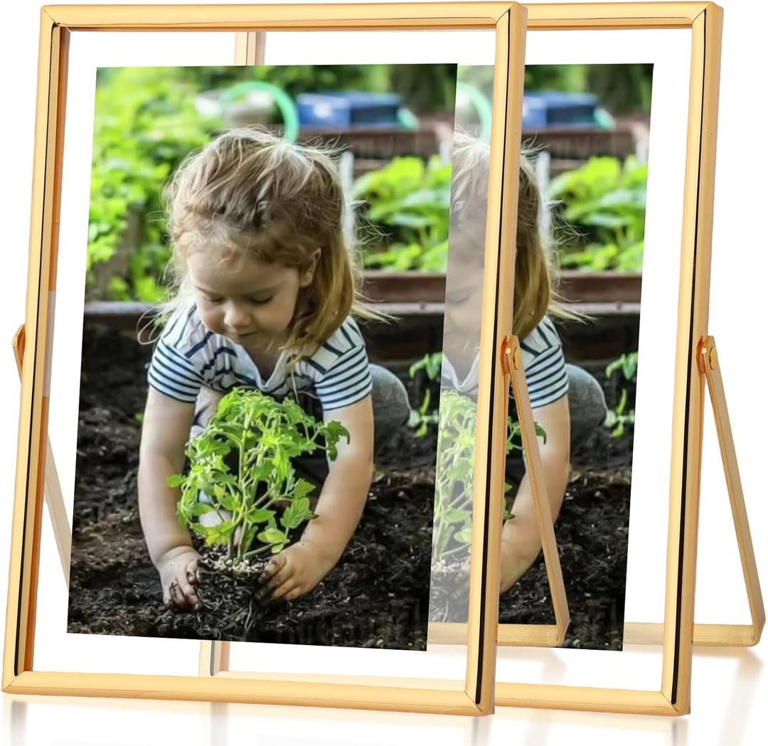 Fixwal Floating Picture Frame Set of 2, 5 x 7 Tempered Glass Frame for Tabletop Display, Gold Metal Display Frame, for Multi Size Photo Including 4 x 6,3 x 5