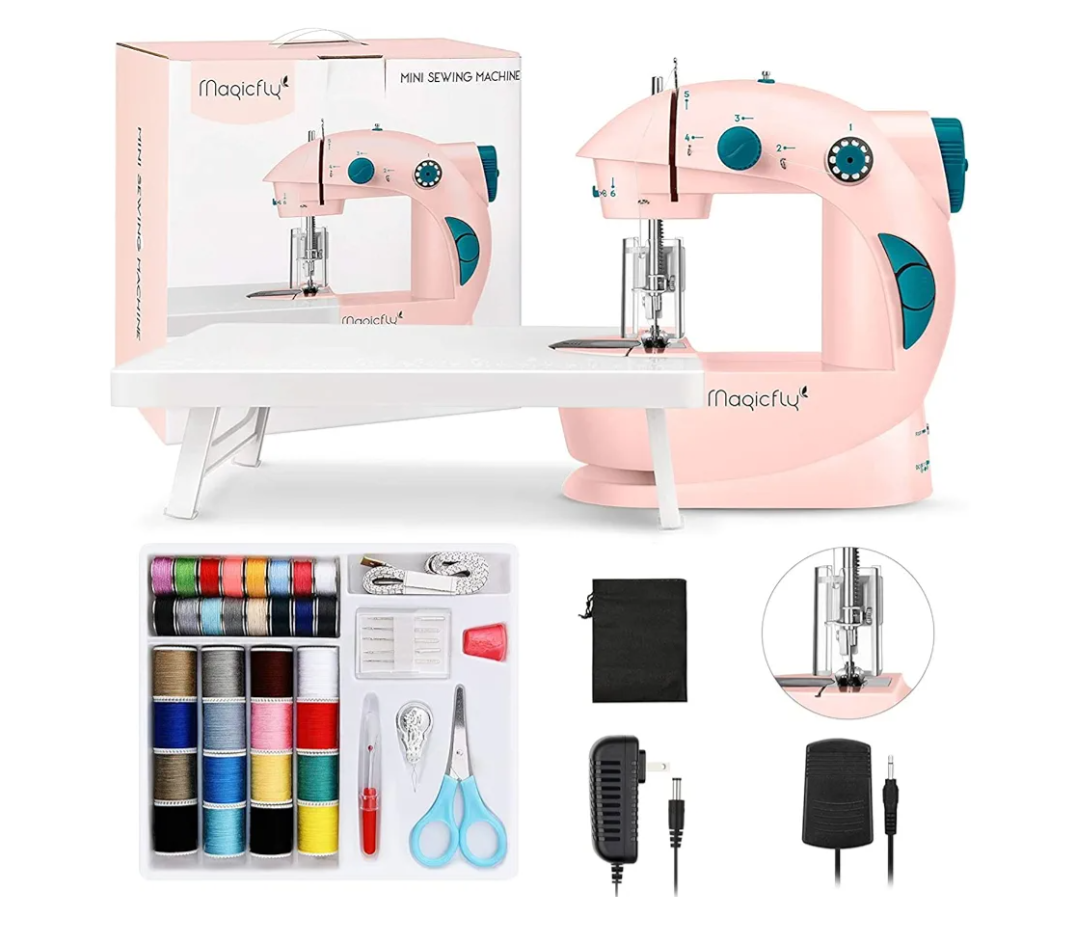 Magicfly Mini Sewing Machine with Extension Table, Dual Speed Portable Sewing Machine for Beginners with Light, Sewing Kit for Household Use, Pink