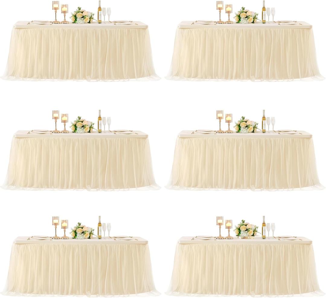 6 Pack 6ft Champagne Tulle Tablecloths for Rectangle Tables, 72 x 30 Inch Rectangular Table Cloth, Wrinkle Free Table Cover with Tutu Skirt for Wedding Birthday Party Banquet Buffet Decorations (6 Pack 6ft, Champagne)